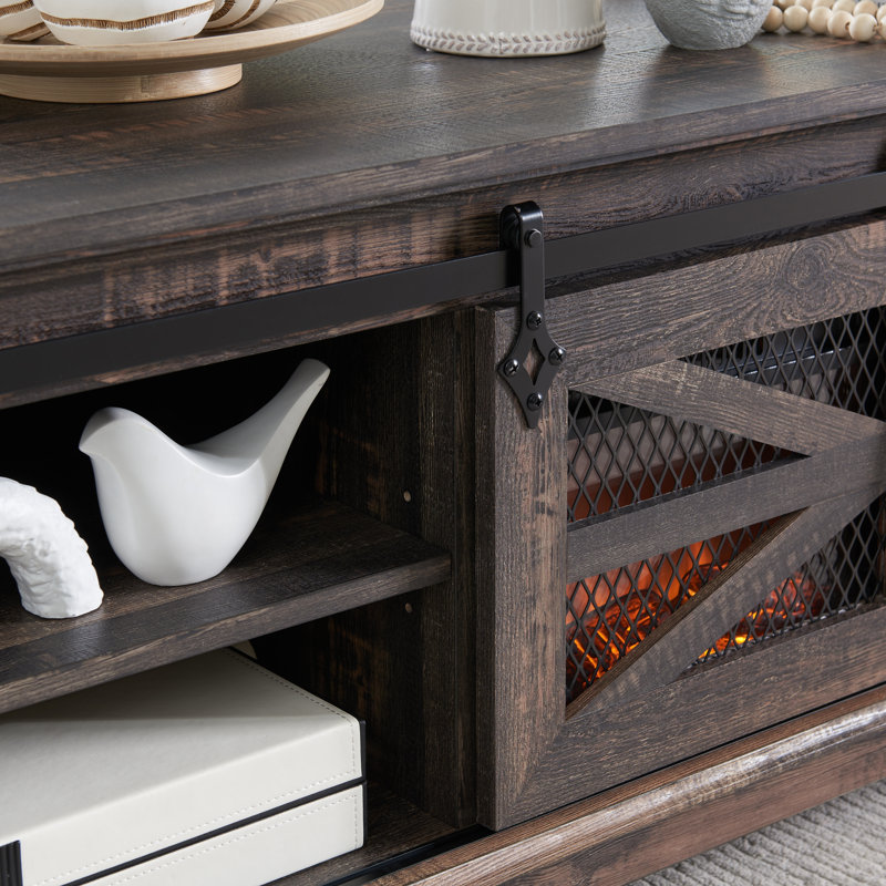 Table basse 48 po avec foyer électrique et portes de grange coulissantes Colfax, Chêne rustique foncé
