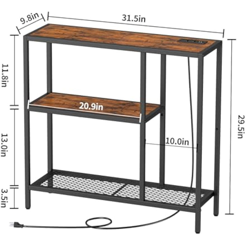 Console 31,5 po avec prises électriques, table d'entrée avec tablettes de rangement à 3 niveaux, brun rustique