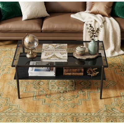 38'' Modern Rectangle Coffee Table with Tempered Glass Top and 2-Tier Storage Shelf