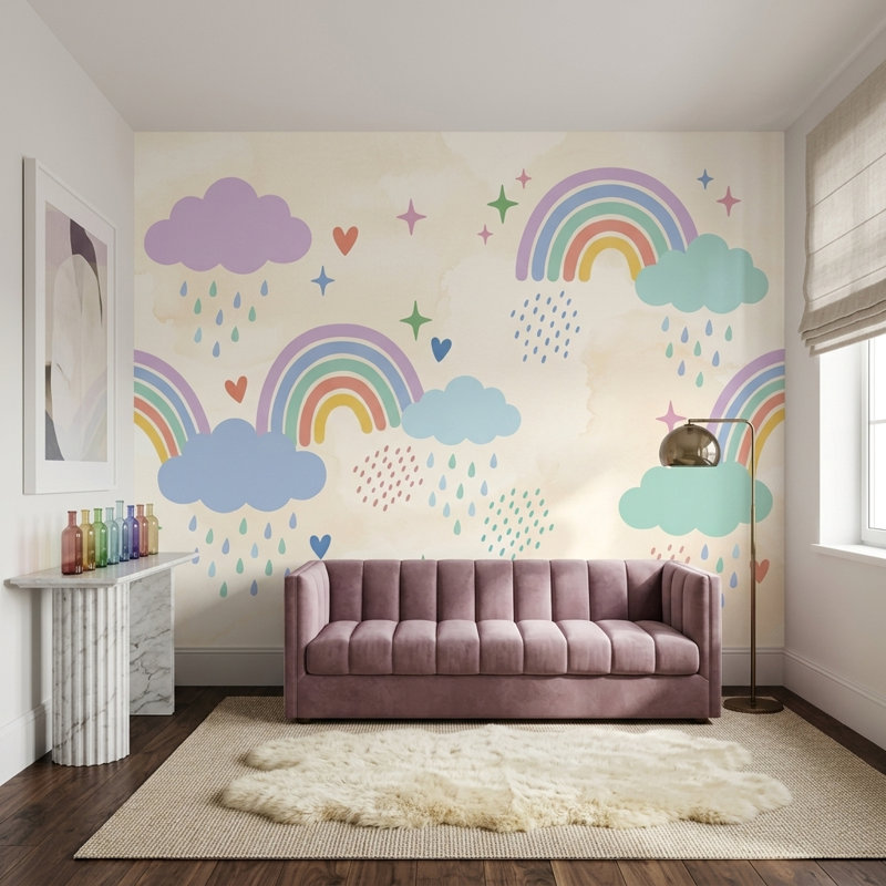 Papier peint arc-en-ciel amovible et fantaisiste, 100 po x 96 po, Peler et coller