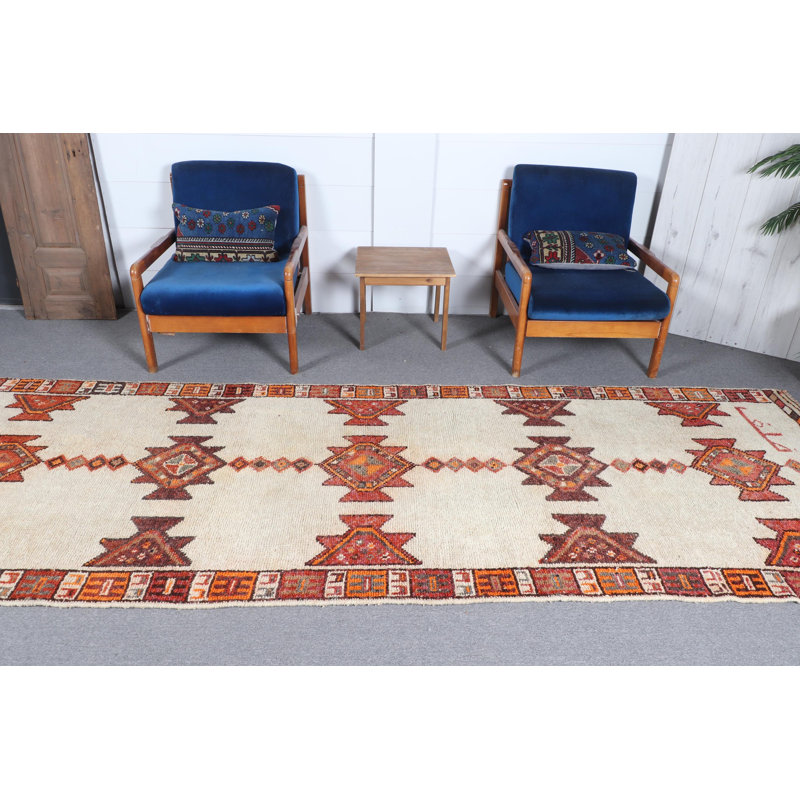 Vintage Turkish Handmade Runner Rug with Geometric Patterns in Warm Red Tones