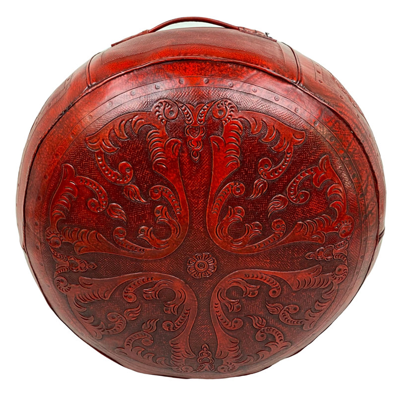 Navarette Leather Pouf, Red Genuine Leather