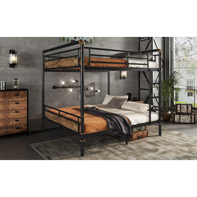 Queen over Queen Metal Bunk Bed, Industrial Detachable Bunkbeds with Safety Guard Rails, Black by 17 Stories