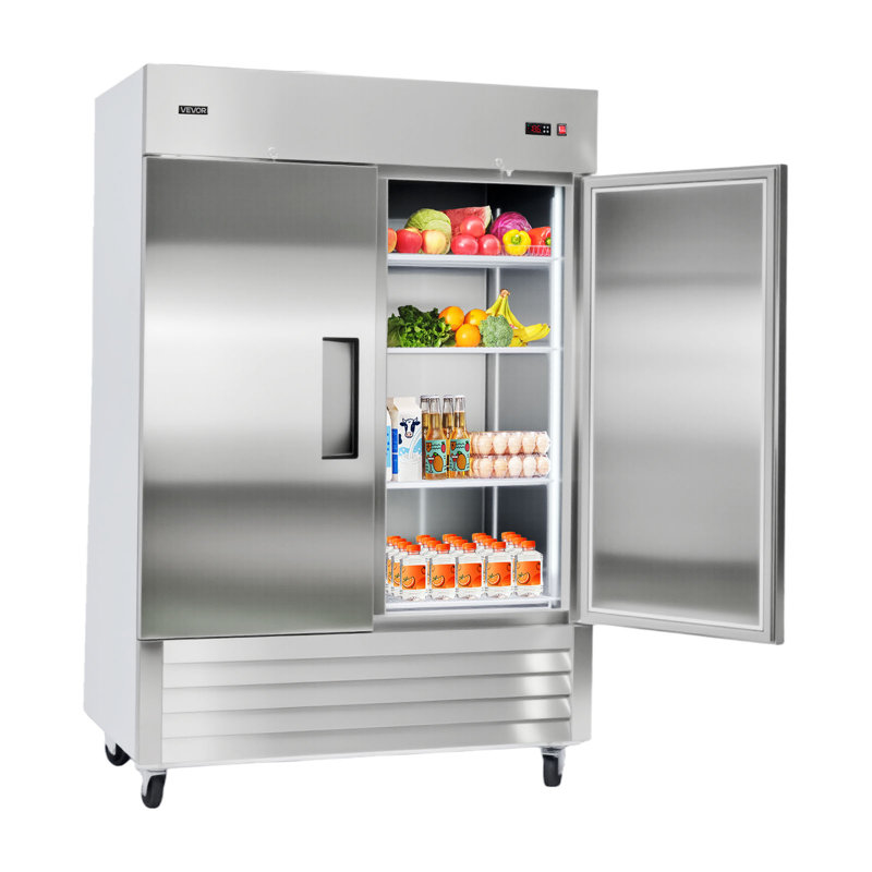 Commercial Refrigerator, 32.2 in Width Reach In Upright Refrigeration Double Door, 43.2 Cu.ft Auto-Defrost Stainless Steel Refrigerator with 8 Adjustable Shelves, 32 to 50℉ Temp Range, 4 Wheels