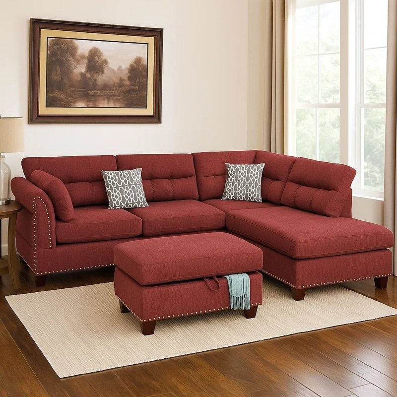 Canapé modulaire réversible de 76 po en soie et méridienne avec repose-pieds, Velours rouge