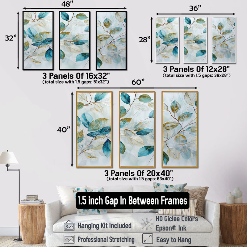 «Green Leaves Charm», art mural sur toile, feuilles, Cadre flottant doré, H 32 po x l 48 po x P 1 po