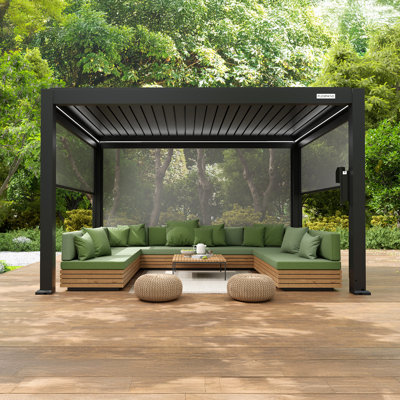 Flexpatio 13 Ft. W X 10 Ft. D Power+ Pro Motorized Pergola Outdoor Louvered Pergola With 3-Side Motorized Roller Shades