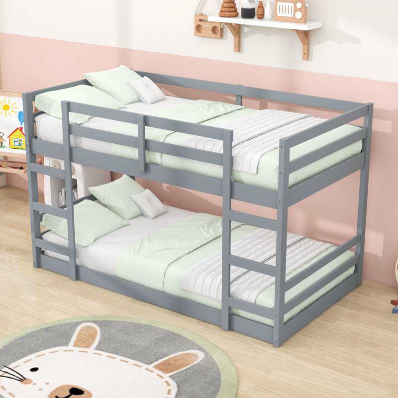 Lit superposé en bois avec double échelle, lattes robustes et garde-corps, Lit superposé simple sur simple, Gris