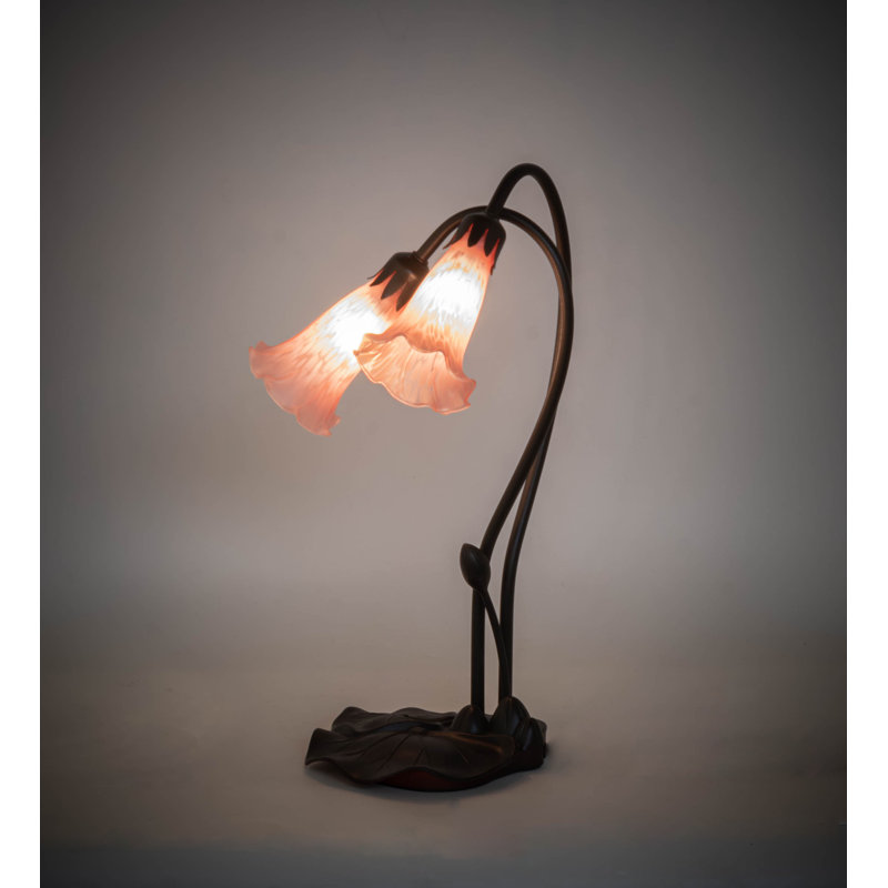 Pink Stained Glass 2-Light Bronze Table Lamp