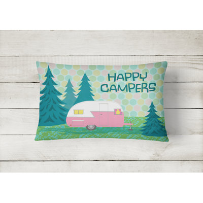  Happy Campers Glamping Trailer Fabric Indoor/Outdoor Throw Pillow