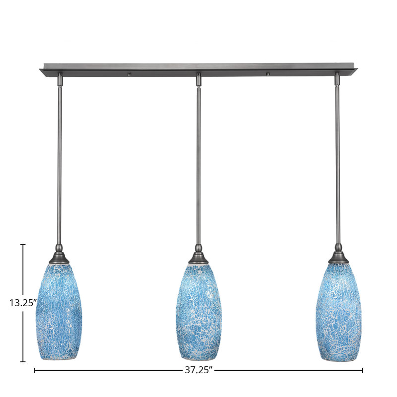 Luminaire suspendu linéaire sur pied 3 lumières avec verre fusion de 5,5 po, Turquoise, Nickel brossé