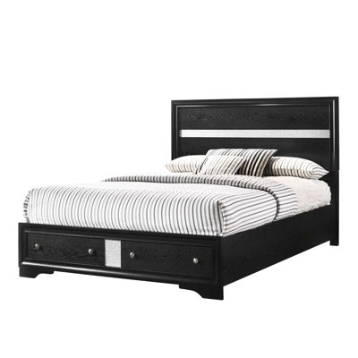 Lit double en bois de style traditionnel noir avec rangement intégré, glissière à roulement, cadre de rangement central pour chambre à coucher, deux tiroirs pour couvertures, aucun sommier requis