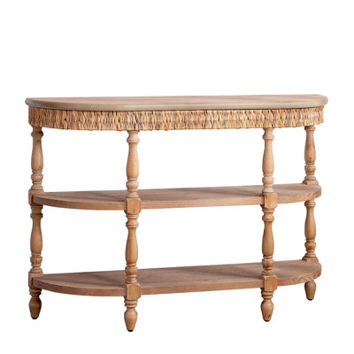 Handcrafted Wood Console Table With Hand-Woven Trim, 3-Tier Storage Shelves, Oval Entryway Table With Carved Legs, Rustic Coastal Farmhouse Accent Table, Hallway Sofa Table