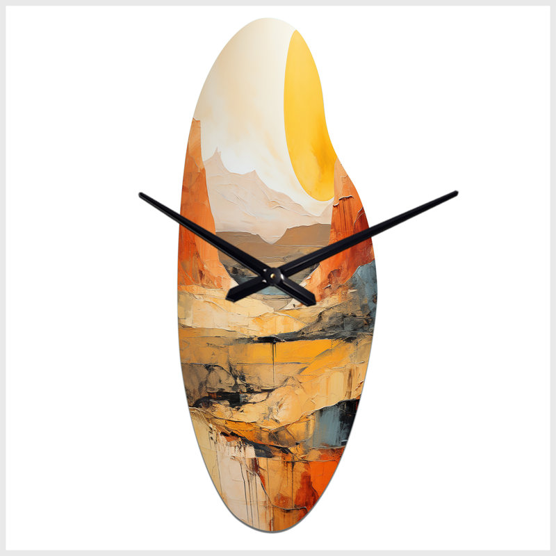 «Bold Landscape Canyon Desert VII - Horloge incurvée traditionnelle en métal, horloge murale jaune, Grand