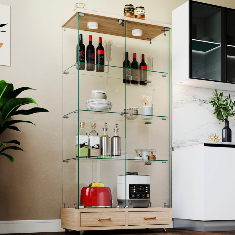 Multifunctional Glass Case With 2 - Door, 4 Shelves, And Adjustable Lighting For Different Rooms Office Drawers,, Natural