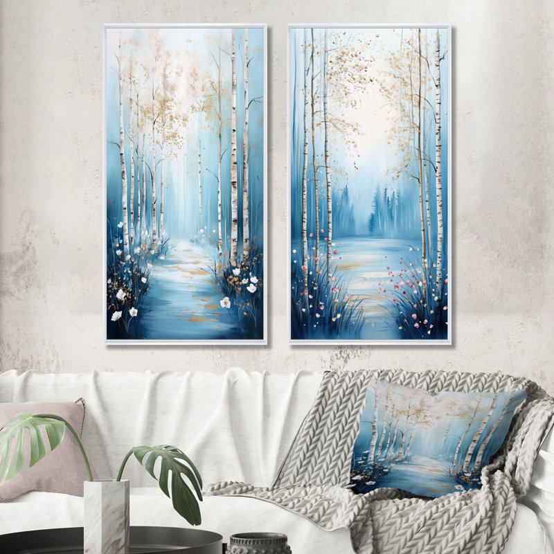 Fleurs printanières dans une forêt de bouleaux - Tableau mural en deux parties représentant un bouleau, 32" H x 32" W