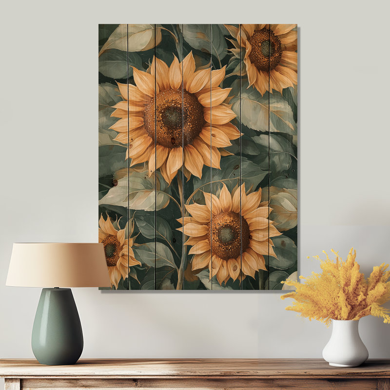 «Green Garden Abstract Sunflowers Collage II» - Art mural en bois tournesols - sur bois de pin naturel