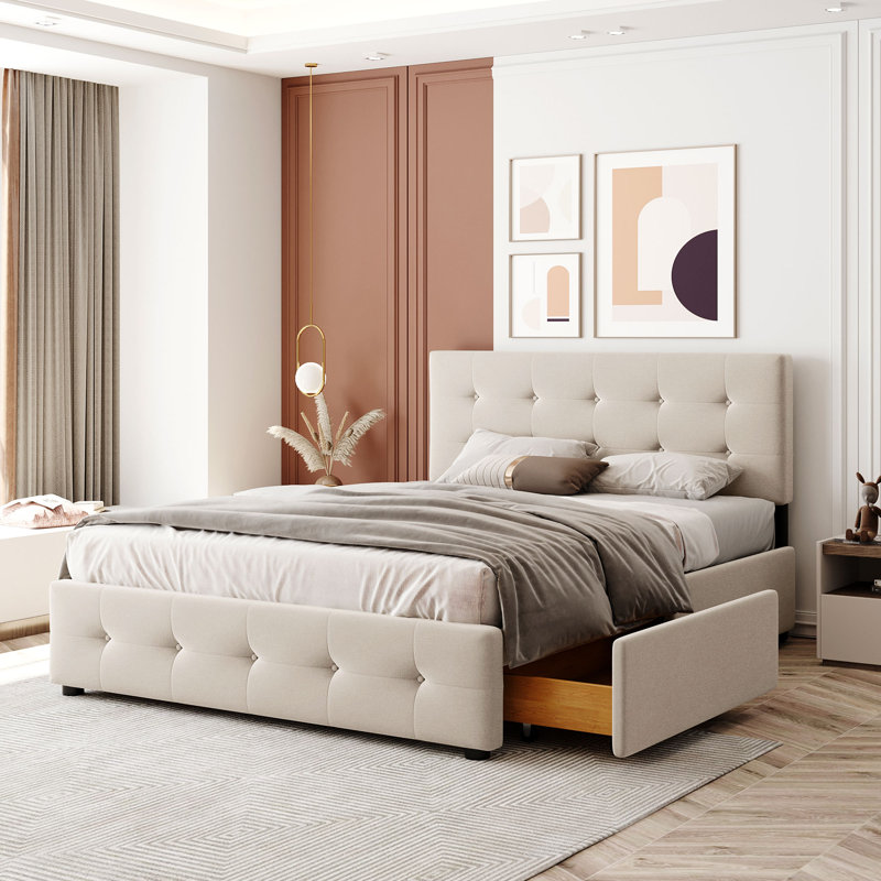 Upholstered Platform Storage Bed, Beige
