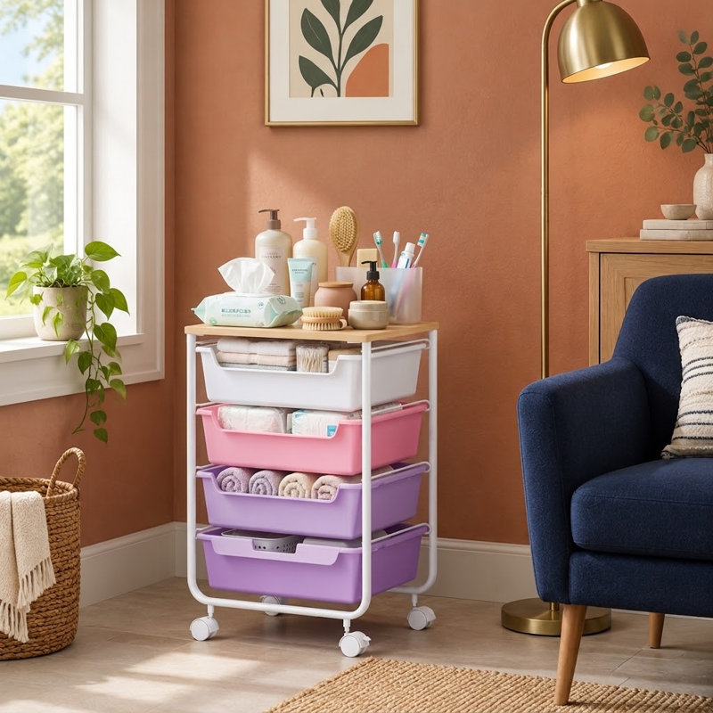 Chariot de rangement mauve avec rangement en bois pour artisanat pour enfants