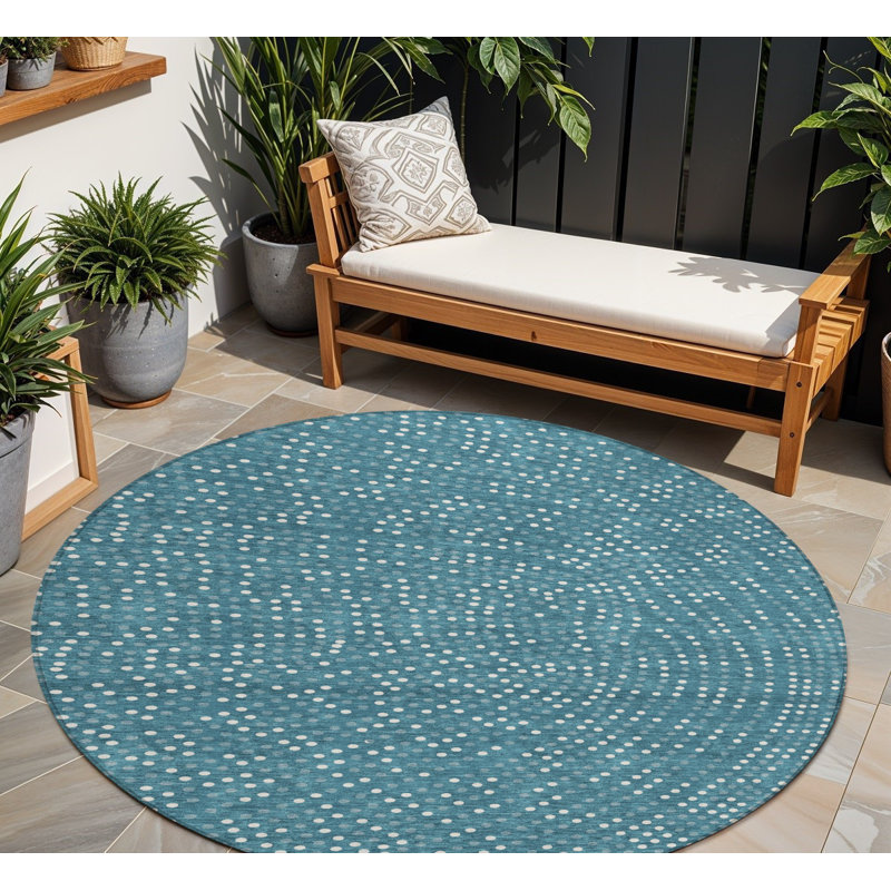 Tapis extérieur lavable à pois 8 po bleu sarcelle et ivoire