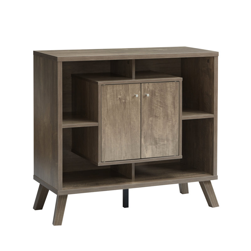 Armoire compacte brune avec deux portes, quatre tablettes ouvertes à plusieurs niveaux, des pieds en métal et en bois pour le buffet ou une bibliothèque, d'une hauteur de 33,41 po et d'un poids de 57 lb