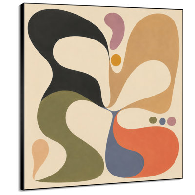 Impression sur tissu grand format - Motif abstrait rétro aux courbes organiques noires, olives et oranges, idéal pour le salon ou la chambre - « Assemblage du cadre requis (cadre non fini) »