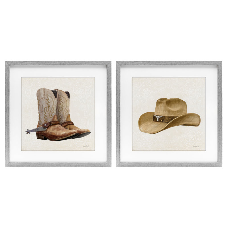 Ensemble de 2 sous-verres Range Riders Hat & Bottes, par Danhui Nai, Cadre de ferme gris, H 13 po x l 13 po