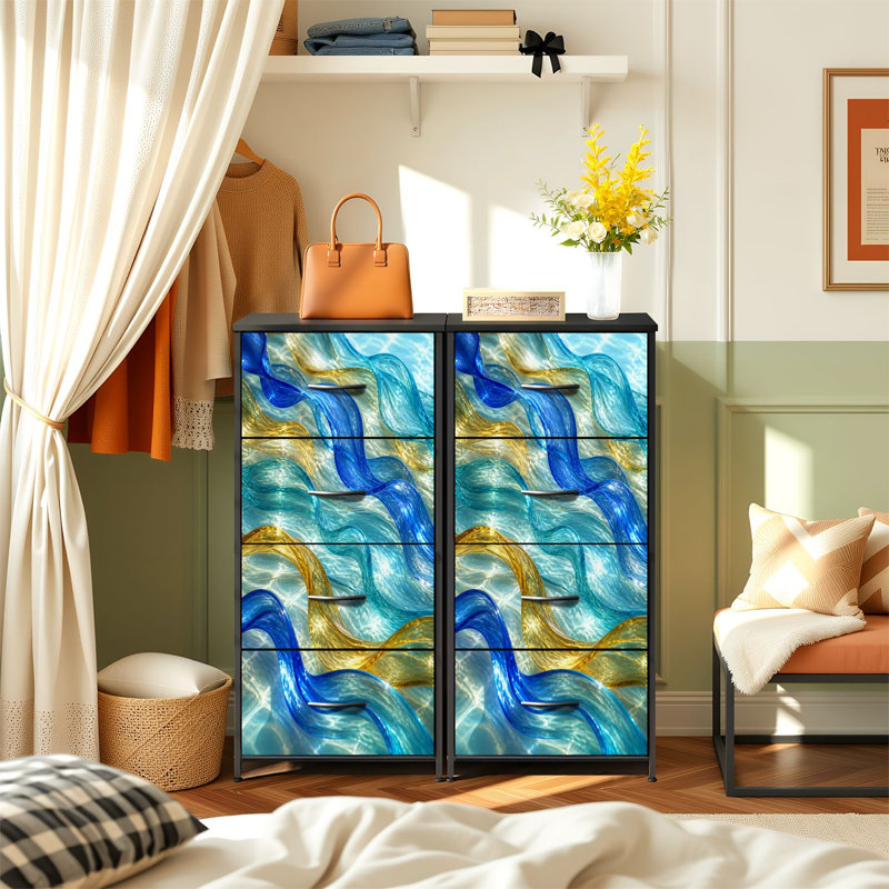 Commode de rangement verticale à 4 tiroirs avec vagues abstraites et reflets d'eau or bleu avec tiroirs en bois