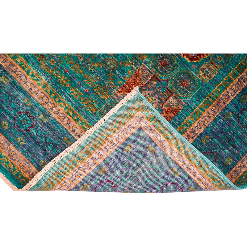 Tapis bleu ciel / vert / rouge noué à la main de haute qualité