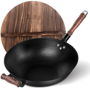 12.6" Handmade Cast Iron Wok - Wooden Lid & Handle, Flat Bottom Pan for All Stoves