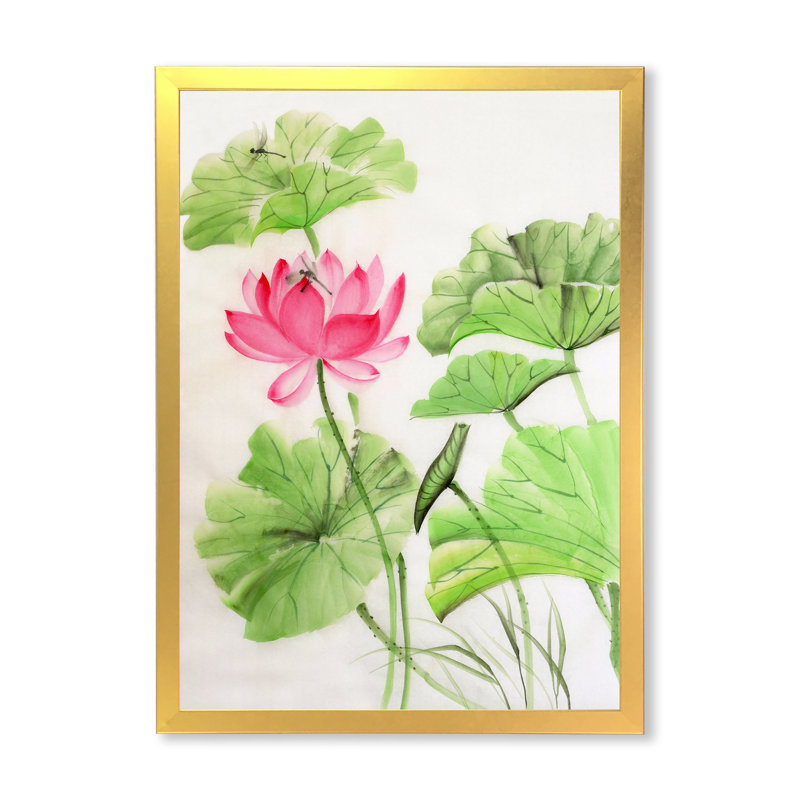 Lotus And Dragonfly - Painting on Canvas, Gold Framed Canvas, 40" H x 30" W x 1.5" D
