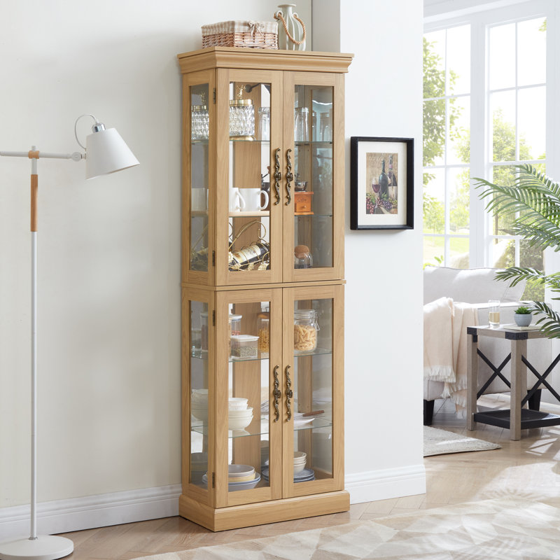 Light oak lighted glass curio cabinet | wood frame display case | wine & toy storage | for living room, kitchen, pantry | bulb included