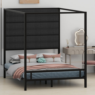 Modern Bed Set with Metal Four-Poster Frame and Linen Headboard