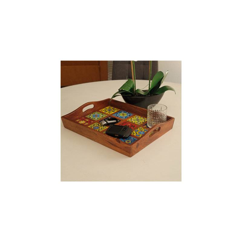 Serving Tray - Decorative Ceramic Tile Mounted Tray With Handles For Farmhouse Style & Décor (15x12x3 Inches)