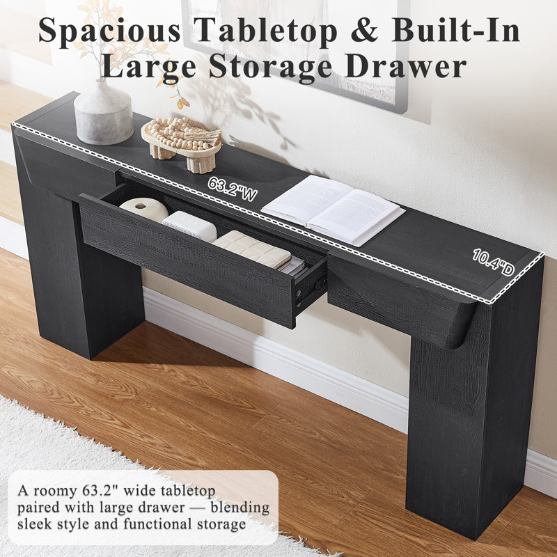 63'' Farmhouse Console Table With Drawer, Wood Sofa Table For Entryway Hallway Living Room, Black