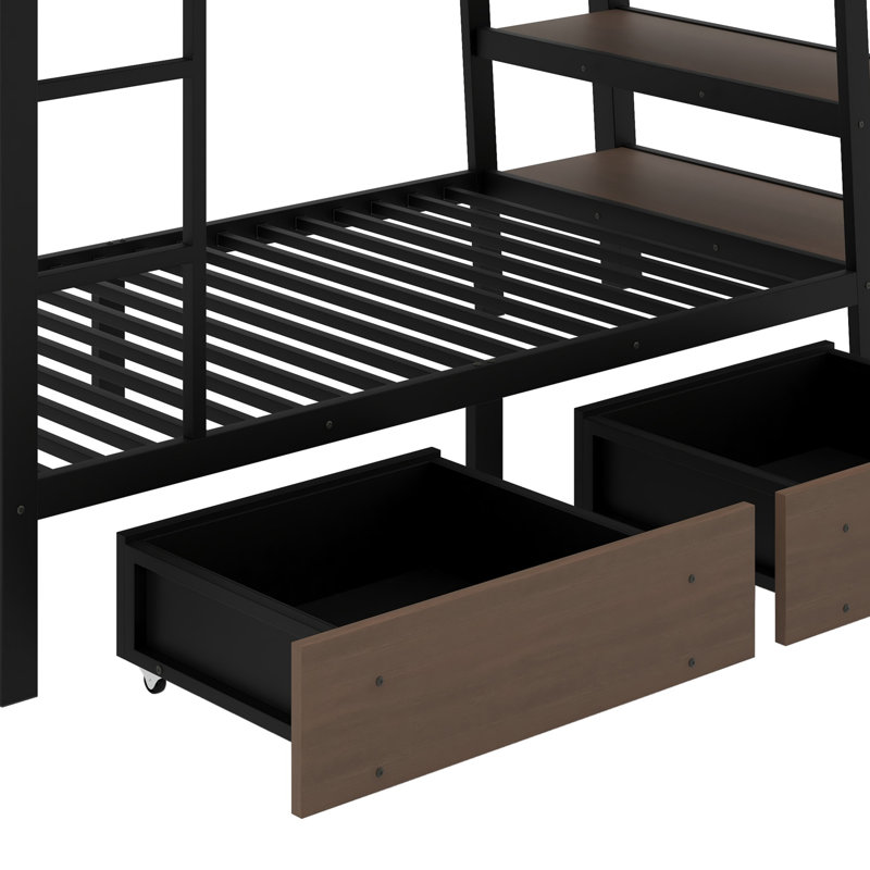 Lit superposé en métal avec tablettes de rangement, bande lumineuse à DEL et multiprise USB