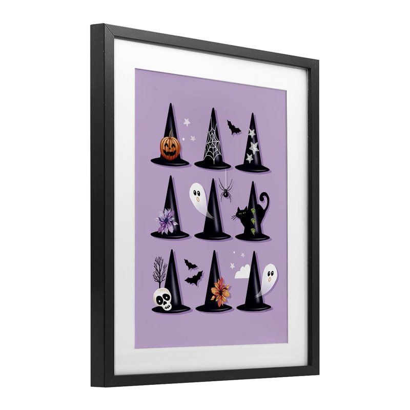 Varied Witch Hats on Purple Framed Print Under Glass, design by Elizabeth Tyndall, 16" H x 13" W, Midnight Black Frame