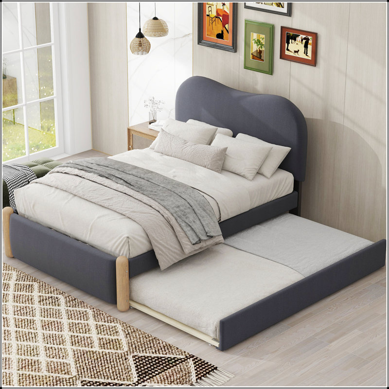 Lit plateforme tapissier avec pieds de soutien en bois et lit gigogne simple, durable et peu encombrant pour les chambres à coucher modernes