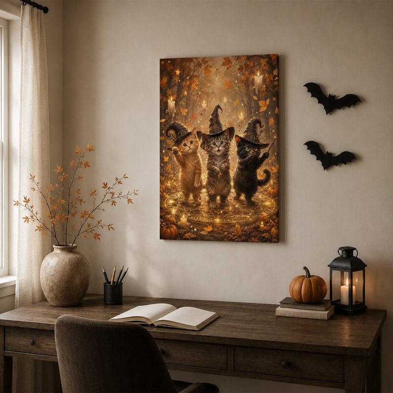 «Three Kitten Witches in Autumn Forest», art mural sur toile, H 24 po x l 16 po