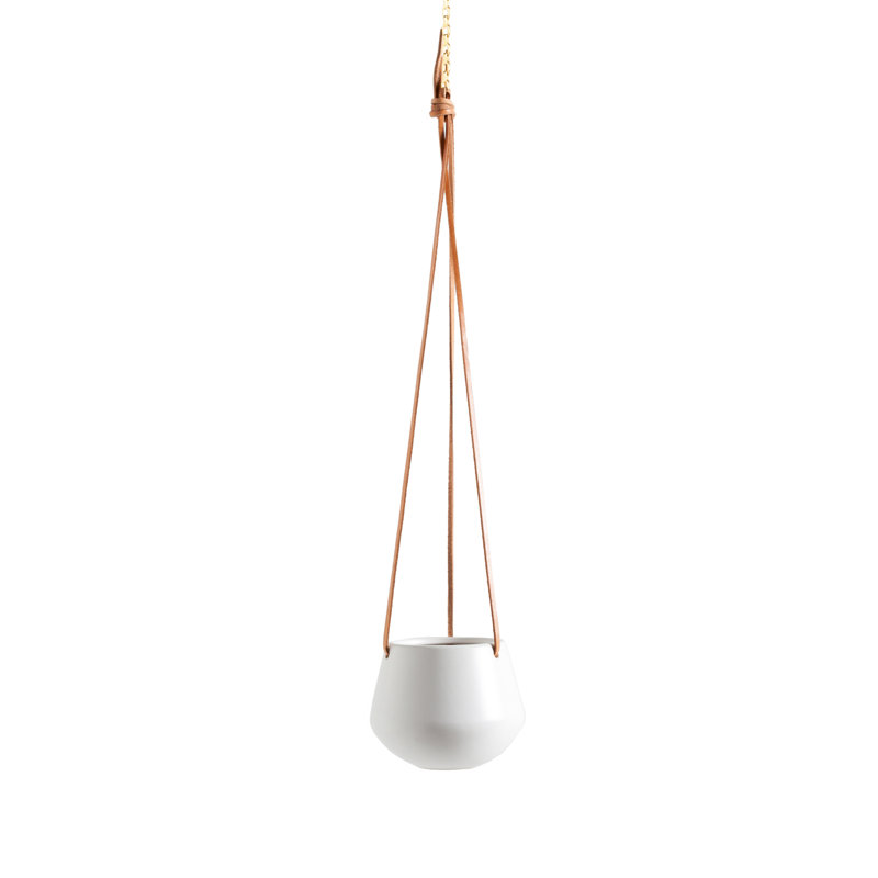  Nonce 4" Ceramic Modern White Hanging Planter With Leather Strap, White, 4" H x 5" W x 5" D