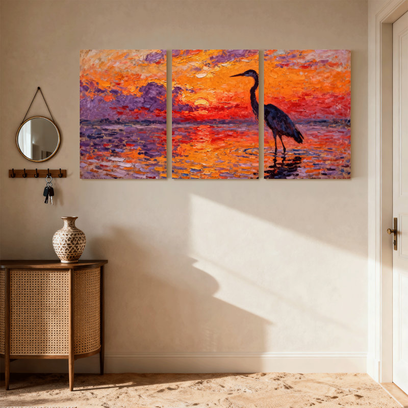 Birds Sunset Heron Water Reflection, ensemble de 3 reproductions d'art sur toile, H 18 po x l 36 po