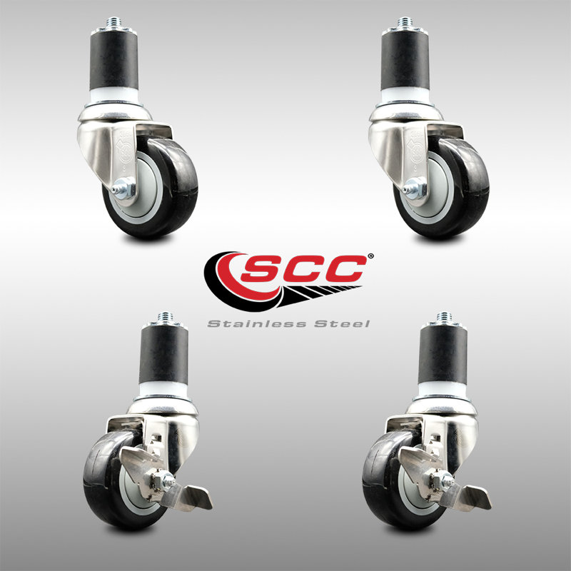 Ensemble de 3 roulettes à tige extensible de 3,5 pouces en acier inoxydable 316SS pivotant de 3,5 po, Noir