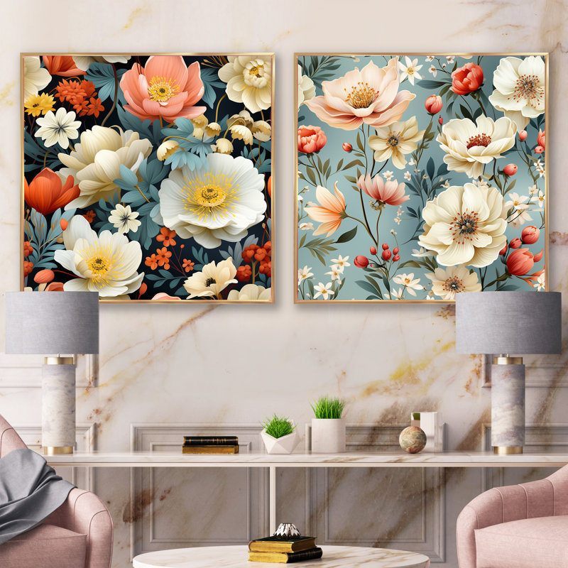 Randel - Ensemble de 2 collages carrés floraux, Cadre flottant doré, H 36 po x l 73 po