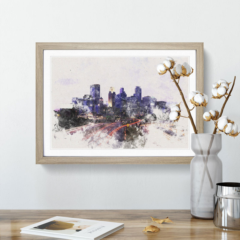 Minneapolis Skyline at Dusk Watercolour - Picture Frame Graphic Art Print, 62cm H x 87cm W x 2cm D, Oak Framed