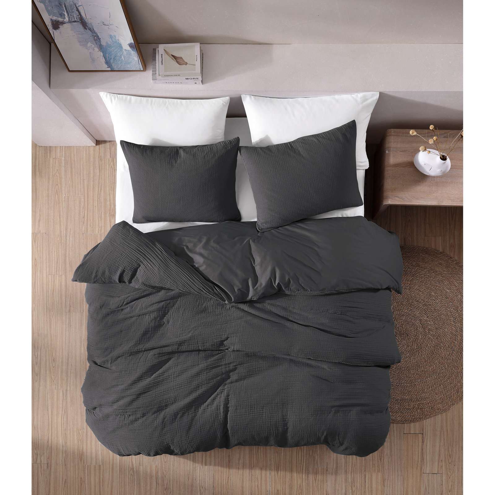 Dylan Cotton Gauze Comforter Set, Black, Queen Duvet Cover + 2 Queen Pillowcases