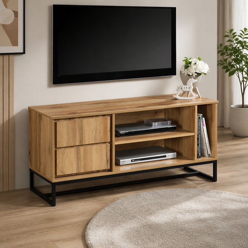 Meuble télé/console multimédia de style moderne du milieu du siècle avec plusieurs compartiments de rangement