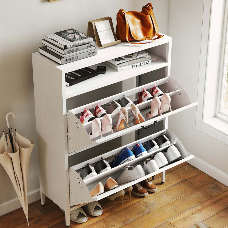 White Metal Shoe Cabinet with Flip Drawers