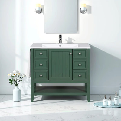 Meuble-lavabo 36 po Modern Farmhouse - Structure en bois massif et en panneau de fibres à densité moyenne, 3 tiroirs et 2 portes à fermeture en douceur, tablette réglable et lavabo en céramique