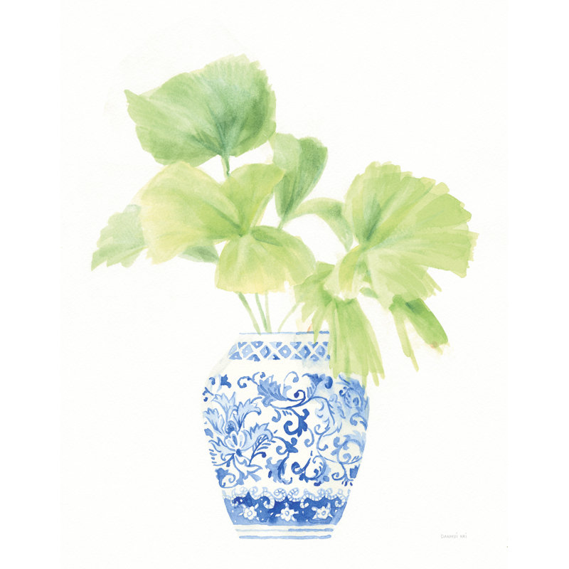 Chinoiserie, bleu, blanc, blanc, vert, palmier, fougère, feuilles, vase, H 24 po x l 36 po x P 1,5 po