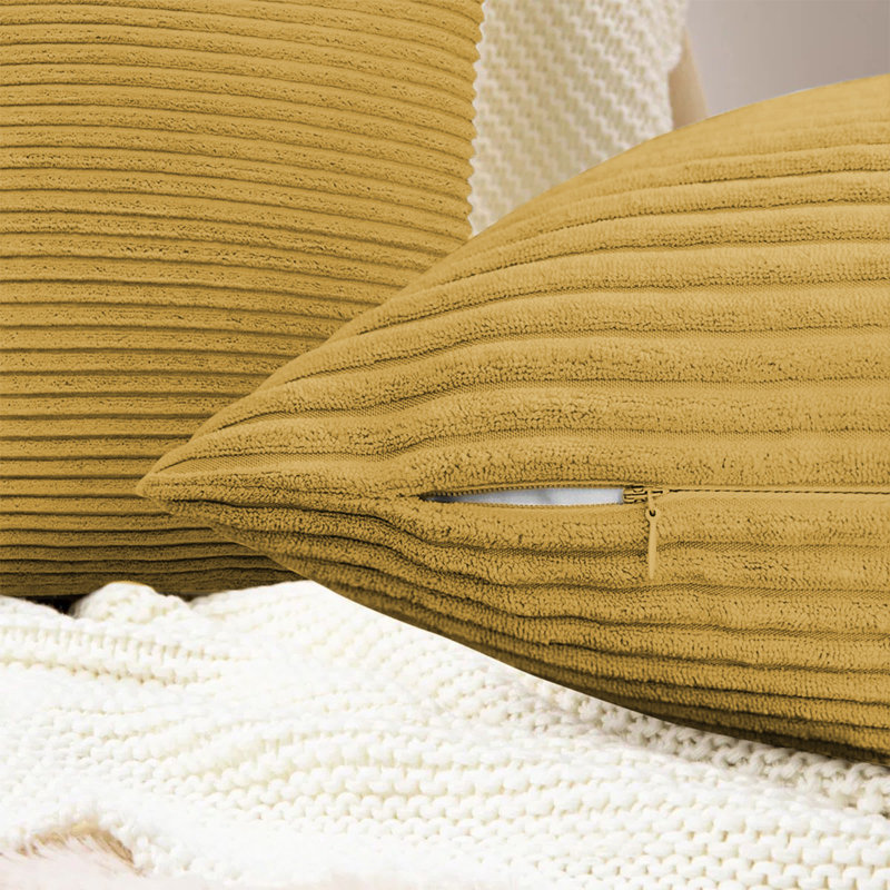 Striped Square Scatter Crushed Velvet Cushion Cover (Set of 4), Ochre